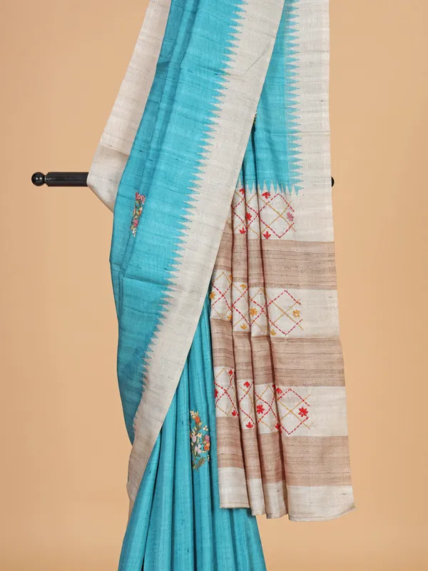 Sky blue semi cotton silk saree in printed