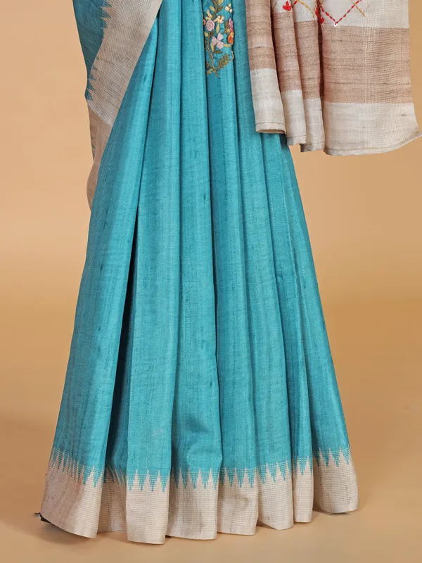 Sky blue semi cotton silk saree in printed