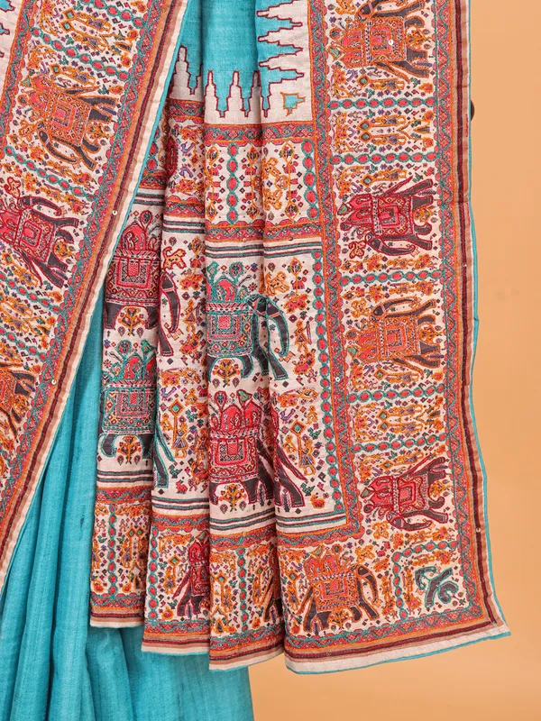 Sky blue semi silk saree for festive wear