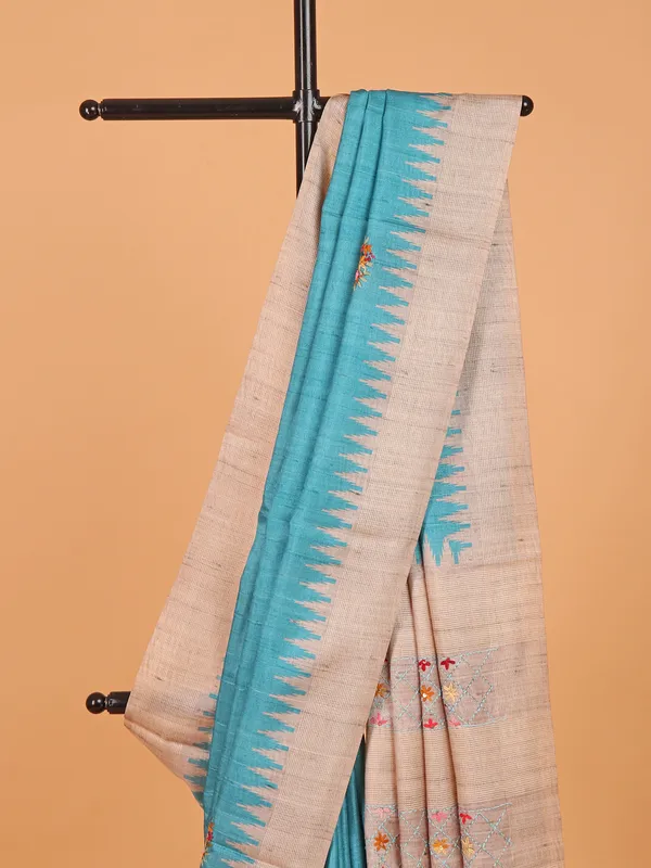 Sky blue semi tusser silk saree for festive wear