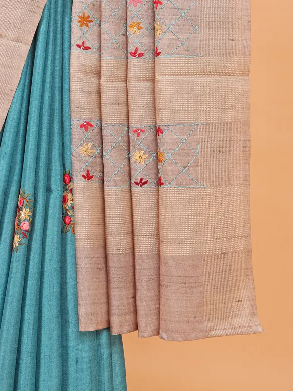 Sky blue semi tusser silk saree for festive wear