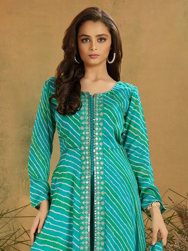 Sky blue silk anarkali palazzo suit with gota work