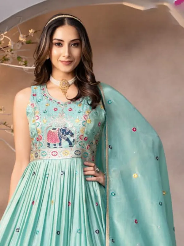 Sky blue silk anarkali suit with embroidery