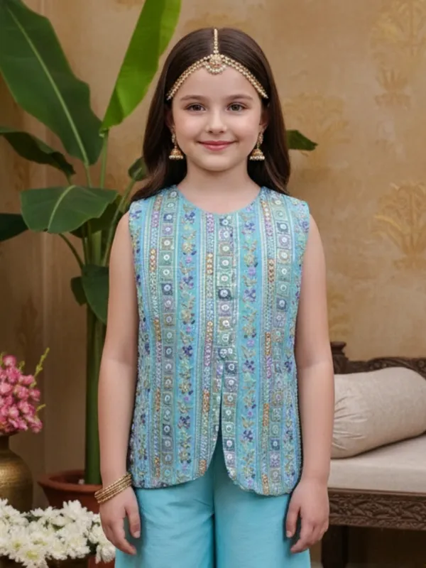 Sky blue silk embroidered palazzo suit for girls