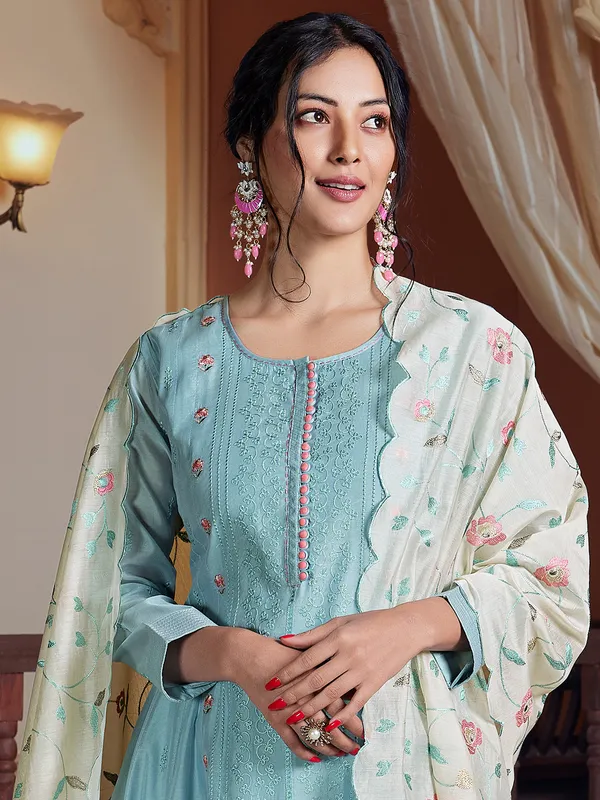 Sky blue silk embroidered salwar suit with dupatta