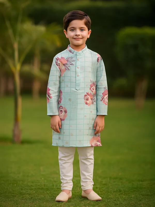 Sky blue silk festive wear kurta suit for boys