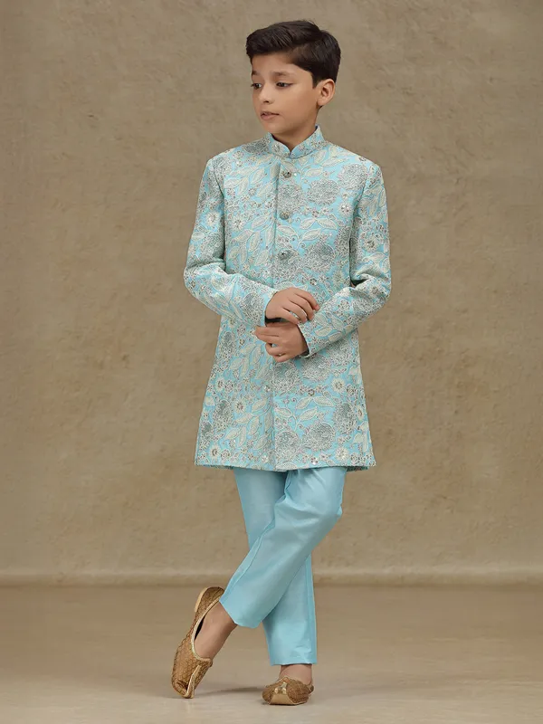 Sky blue silk indowestern for boys