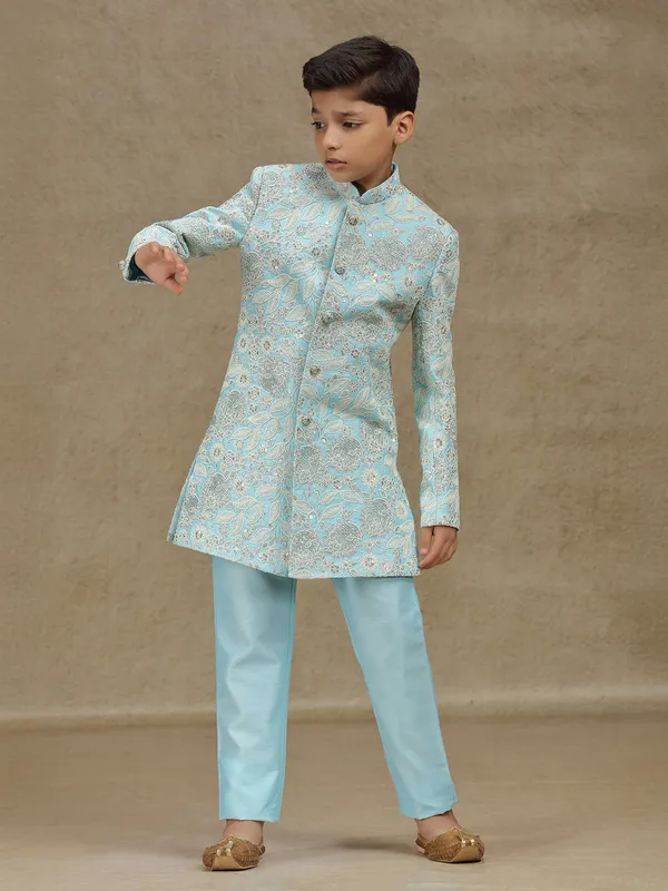 Sky blue silk indowestern for boys