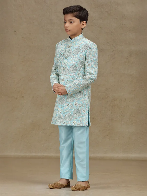 Sky blue silk indowestern for boys