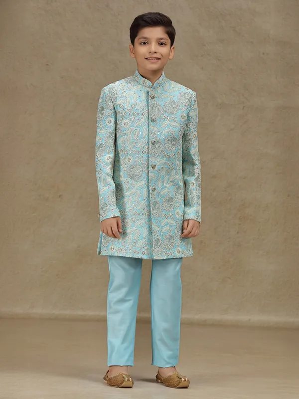 Sky blue silk indowestern for boys