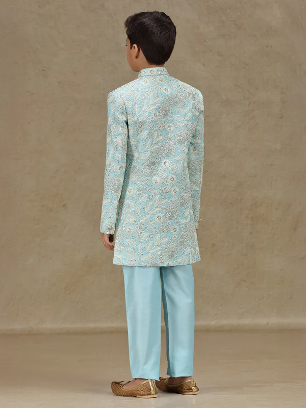Sky blue silk indowestern for boys