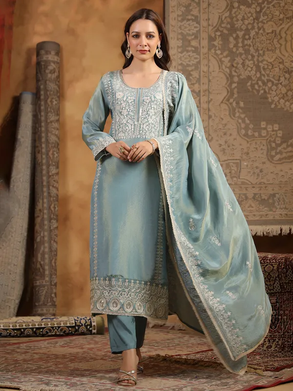 Sky blue silk kurti set for women