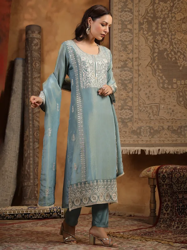 Sky blue silk kurti set for women