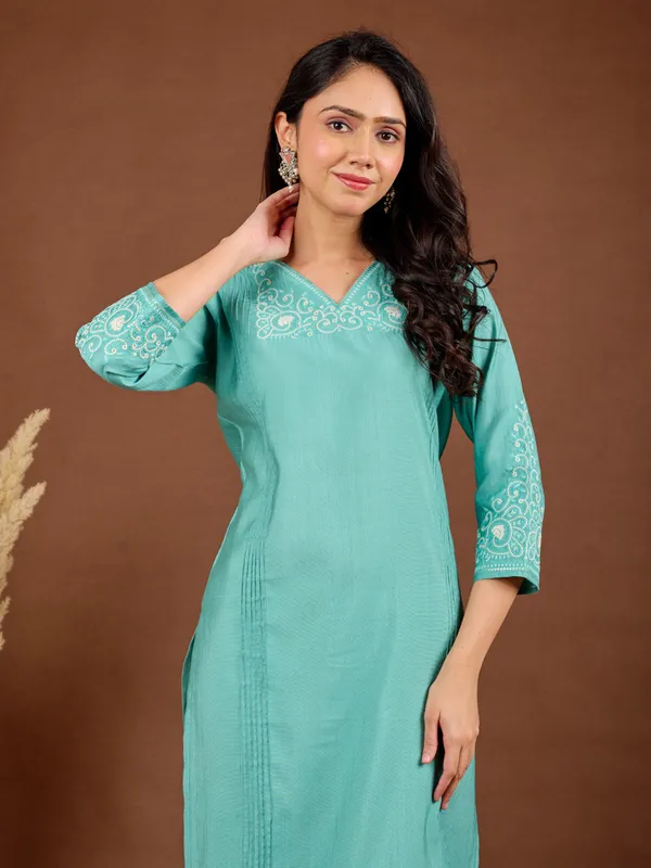 Sky blue silk kurti with simple and elegant work