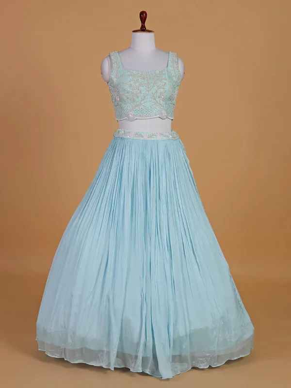 Sky blue silk lehenga choli with shrug