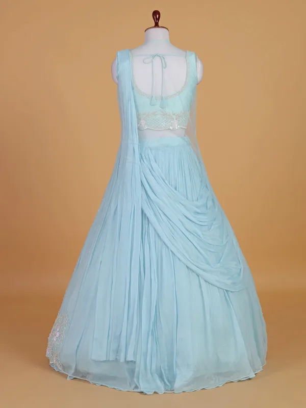 Sky blue silk lehenga choli with shrug