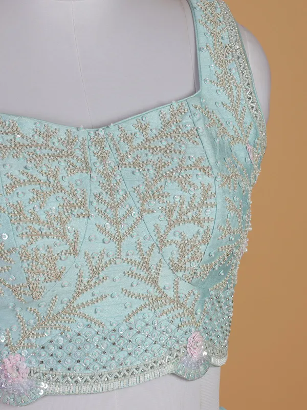 Sky blue silk lehenga choli with shrug
