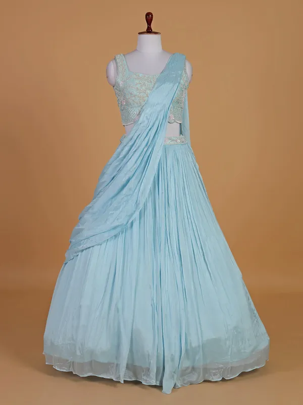 Sky blue silk lehenga choli with shrug