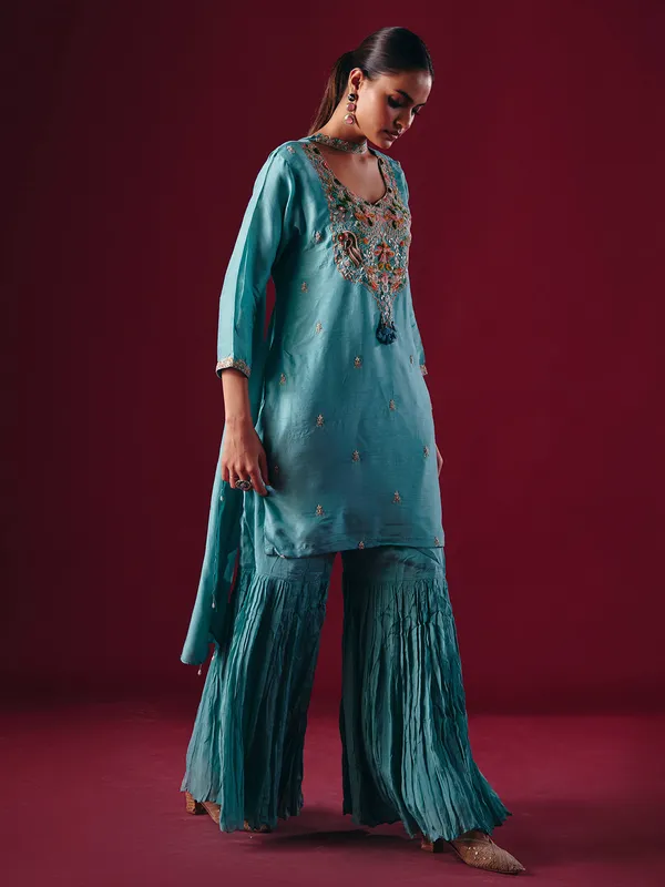 Sky blue silk pakistani sharara suit