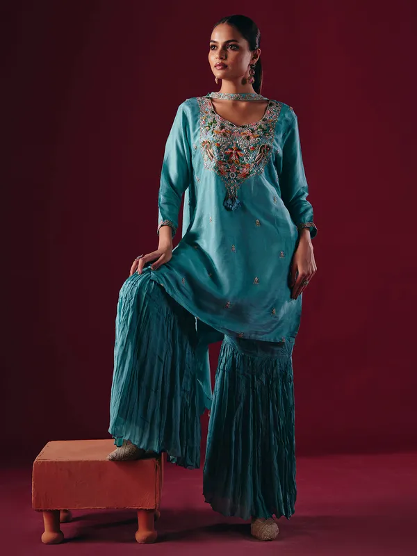 Sky blue silk pakistani sharara suit