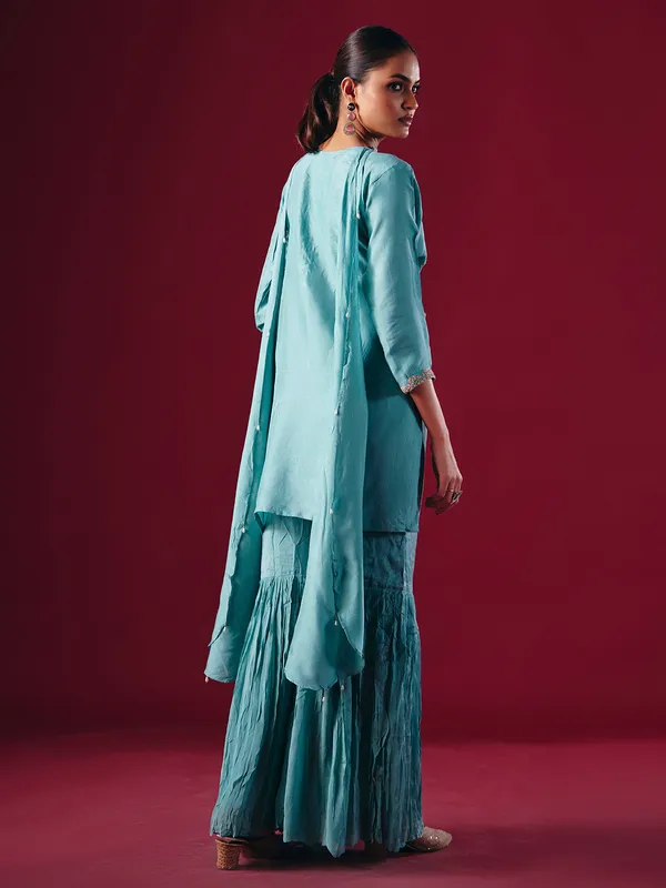 Sky blue silk pakistani sharara suit