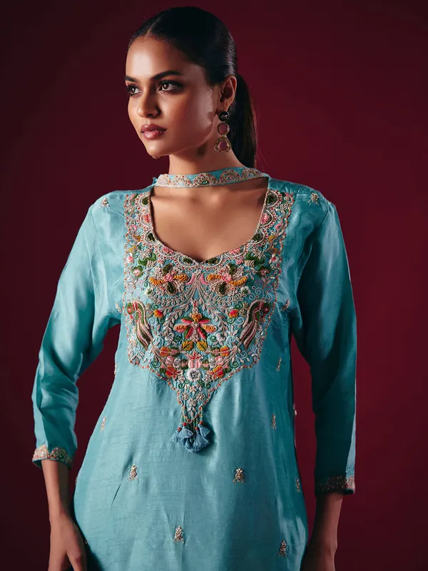 Sky blue silk pakistani sharara suit