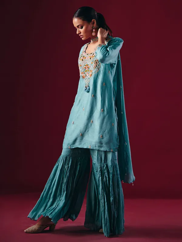 Sky blue silk pakistani sharara suit