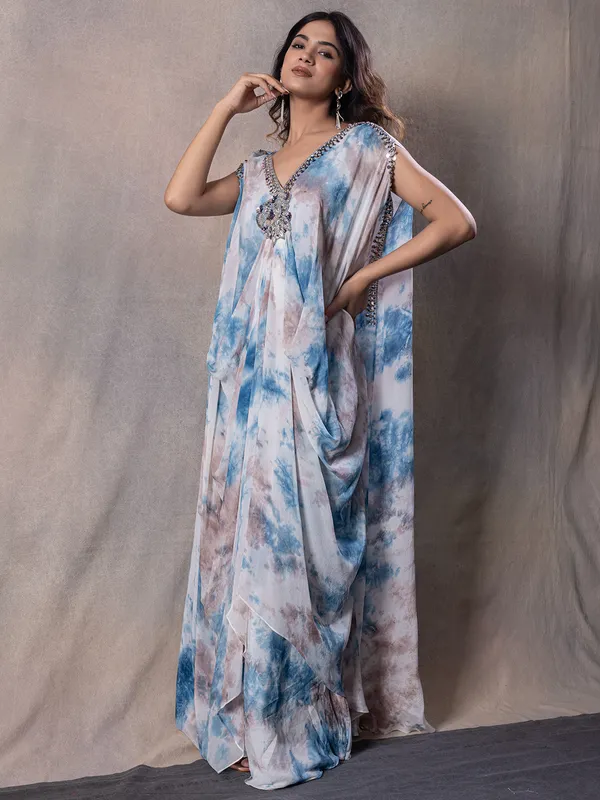 Sky blue silk printed designer suit for women