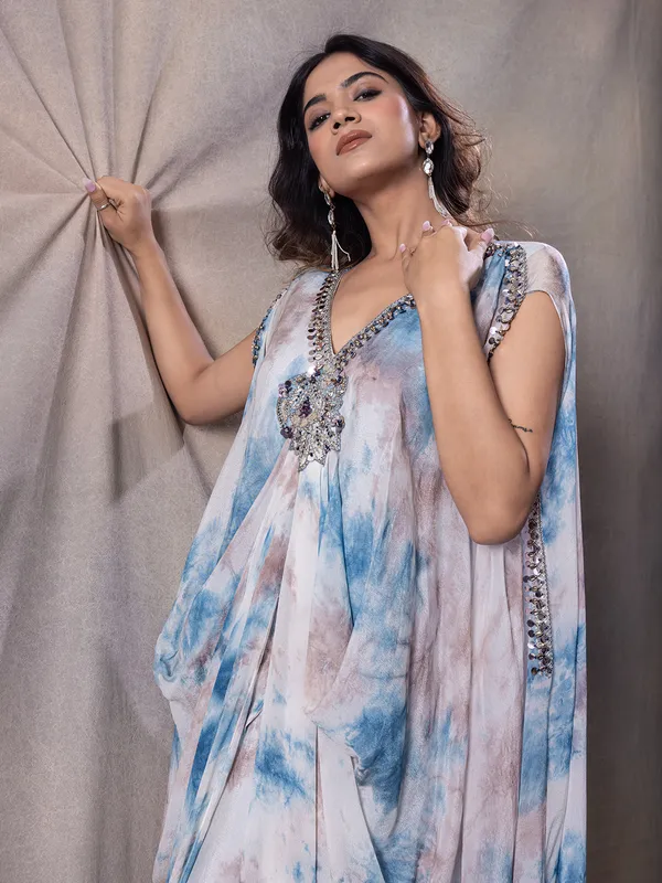 Sky blue silk printed designer suit for women