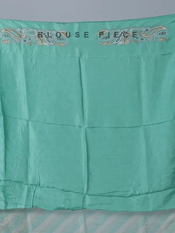Sky blue silk printed embroidered saree unstitched