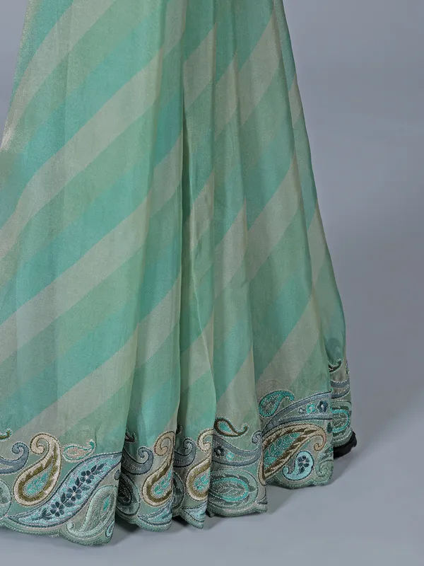 Sky blue silk printed embroidered saree unstitched