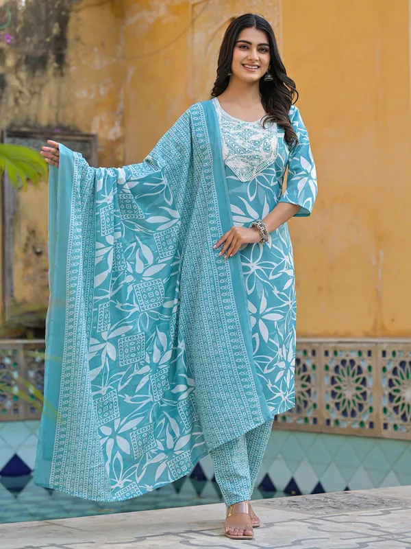 Sky blue silk printed kurti set for women