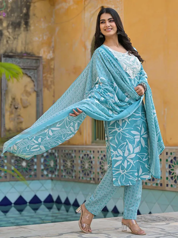 Sky blue silk printed kurti set for women