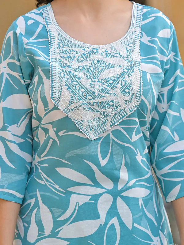 Sky blue silk printed kurti set for women