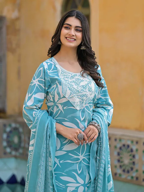 Sky blue silk printed kurti set for women
