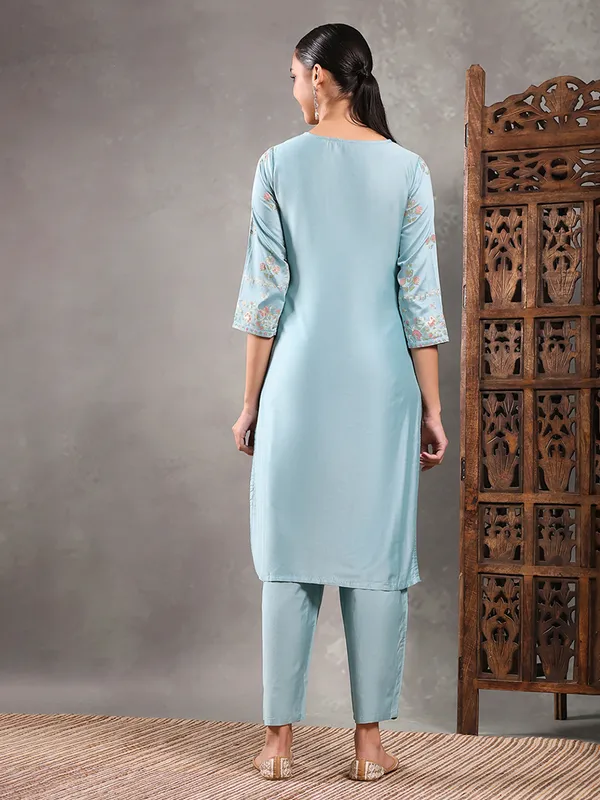 Sky blue silk printed kurti set for women festive wear