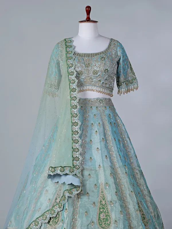 Sky blue silk round neck lehenga choli with dupatta