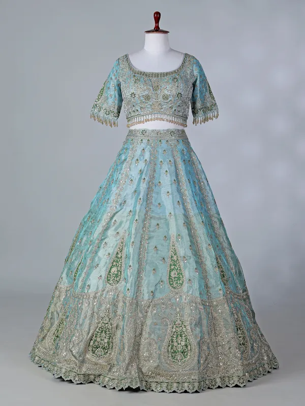 Sky blue silk round neck lehenga choli with dupatta