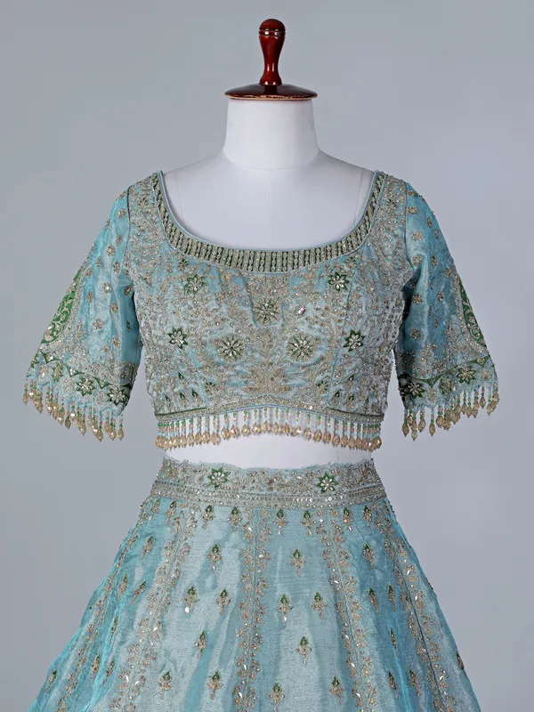 Sky blue silk round neck lehenga choli with dupatta
