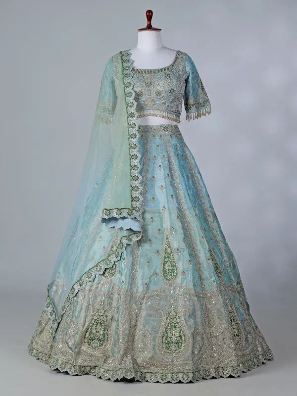 Sky blue silk round neck lehenga choli with dupatta