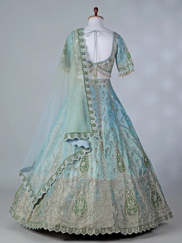 Sky blue silk round neck lehenga choli with dupatta