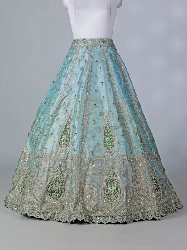 Sky blue silk round neck lehenga choli with dupatta