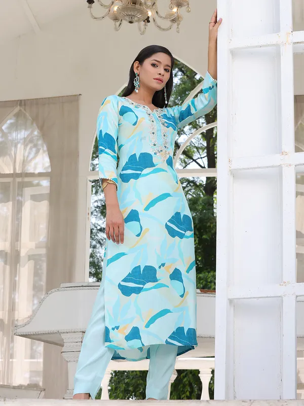 Sky blue silk salwar suit for festive