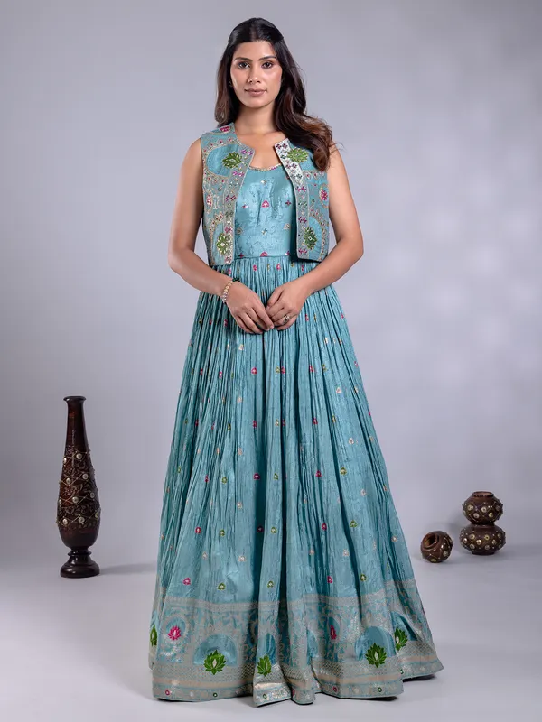 Sky blue silk salwar suit with embellished jacket