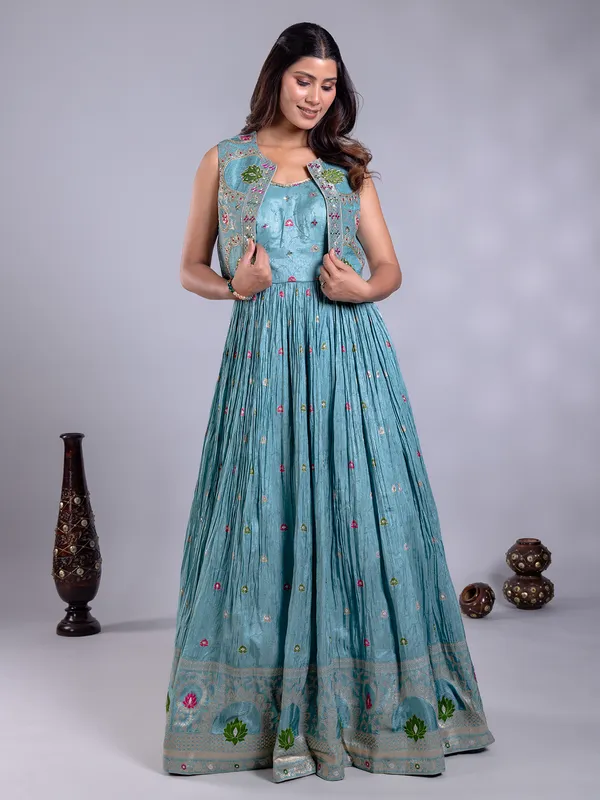 Sky blue silk salwar suit with embellished jacket