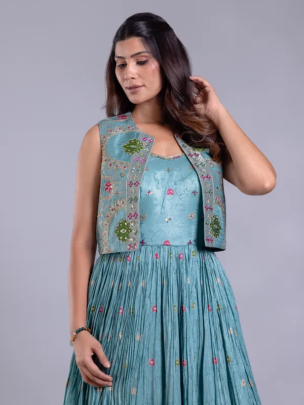 Sky blue silk salwar suit with embellished jacket