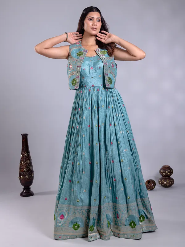 Sky blue silk salwar suit with embellished jacket