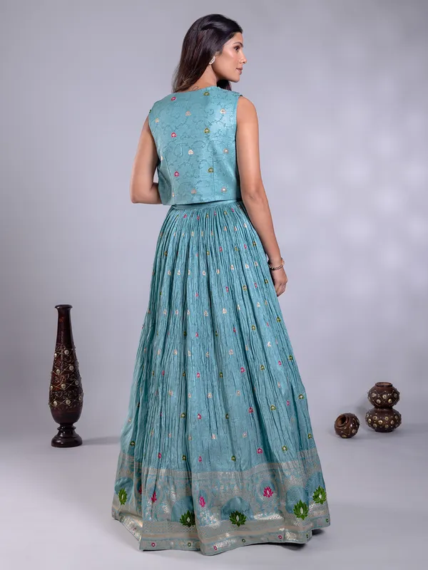 Sky blue silk salwar suit with embellished jacket