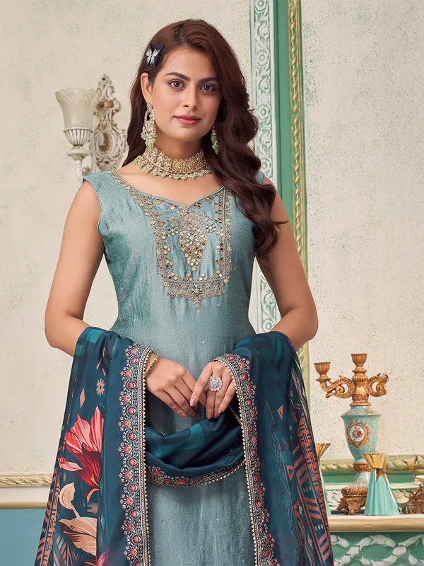 Sky blue silk salwar suit with sweetheart neck