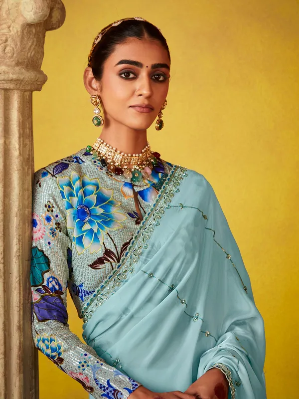Sky blue silk saree for festival
